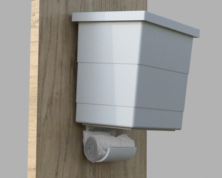 Weißer Abfalleimer zur Wandmontage an einer Holzplatte mit integriertem Beutelrollenhalter unter dem Behälter.