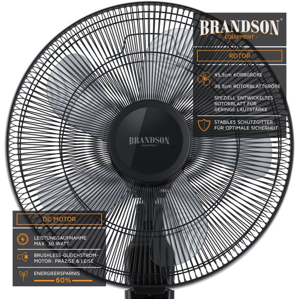 Brandson Standventilator 45,5cm Ø, DC, leise, Fernbedienung, energiesparend, Oszillation, 25 Stufen, schwarz