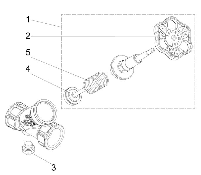 Explosionszeichnung eines KFR-Ventils DN 25 mit markierten Einzelteilen wie Handrad, Feder, Dichtung und Entleerungsstopfen.