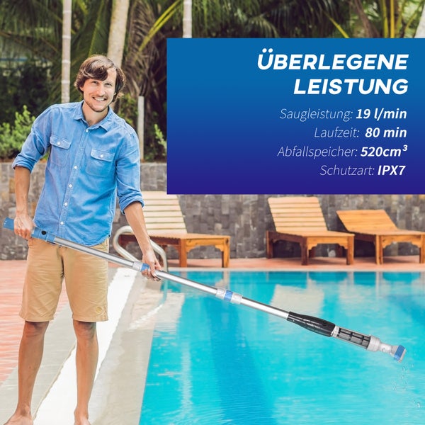 Outsunny Poolsauger mit Bürste, Lichter Poolreiniger mit verstellbarer Stange, 3 Sektionen Bodensauger für Unterirdische, Oberirdische Pools, Whirlpools, Ø6 x 106-162 cm, Alu, Blau+Weiß