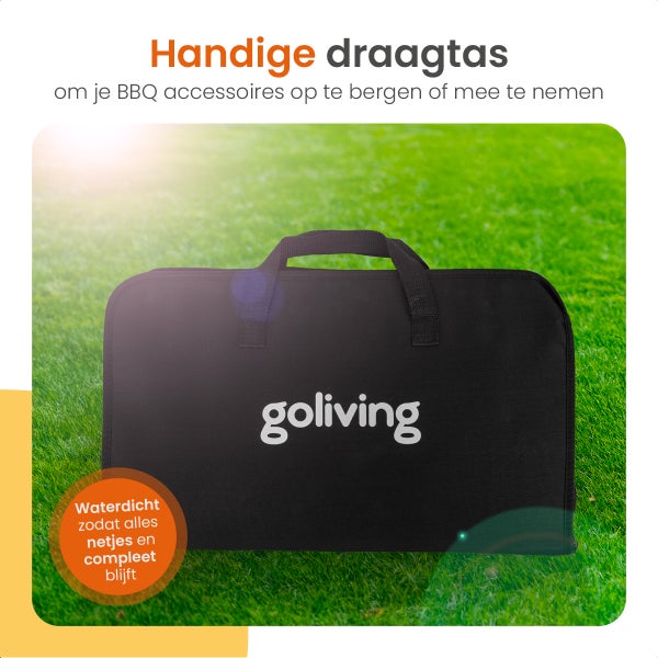 Goliving Grillzubehör Set - BBQ Tools - 25 Grillzubehör - Set mit Zange, Spachtel, Pinsel, Fleischmesser, Handschuh und Tragetasche
