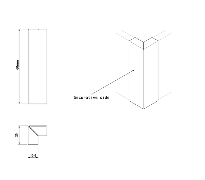 Technische Zeichnung eines Eckprofils mit den Maßen 60 mm Höhe, 20 mm Breite und 10,6 mm Tiefe.