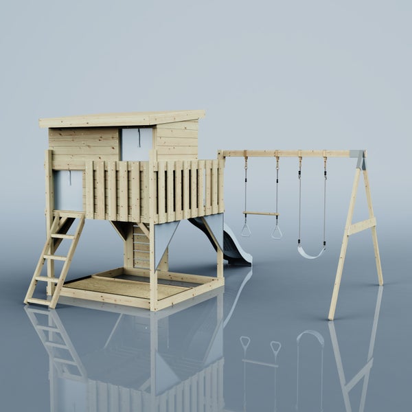 Spielturm aus Holz mit Spielhaus, Balkon, Leiter, Sandkasten, Rutsche und Schaukelgestell mit Trapez und Schaukelsitz.