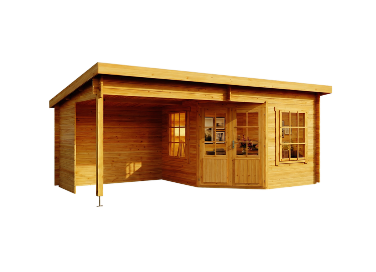 Modernes Gartenhaus aus Holz mit Pultdach, Doppelflügeltür mit Glaseinsatz, zwei Fenstern und integriertem Schleppdach.