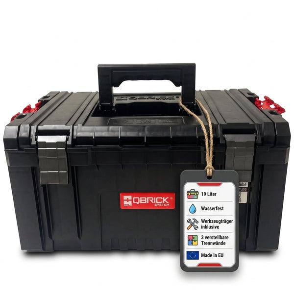 Qbrick System Werkzeugkoffer mit 19 Liter Volumen, wasserfest, inklusive Werkzeugträger und 3 verstellbaren Trennwänden, hergestellt in der EU.