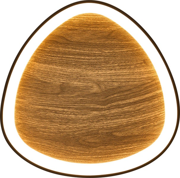 LED-Wandleuchte in abgerundeter Dreiecksform mit Frontplatte in Holzoptik und umlaufendem Lichtkranz