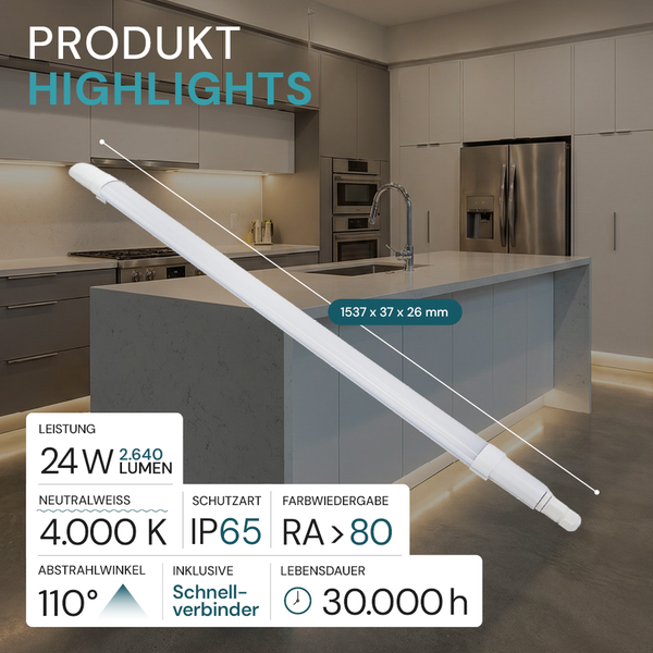 LED-Wannenleuchte (24 Watt, 2640 Lumen, 4000 Kelvin neutralweiß, IP65, RA über 80) in Küche. 110 Grad Abstrahlwinkel, 30000 Stunden Lebensdauer.