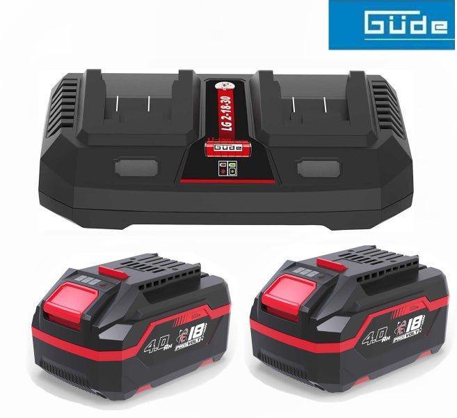 Güde Logo. Güde Doppel-Ladegerät LG 2-18-30 mit zwei 18 Volt 4,0 Amperestunden Lithium-Ionen-Akkus.