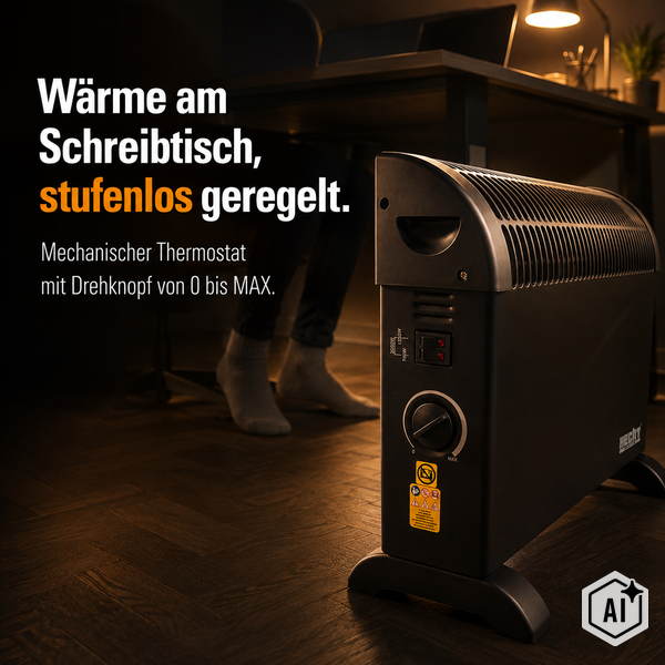 Konvektor Heizgerät Hecht mit stufenlosem mechanischem Thermostat für den Schreibtischbereich.
