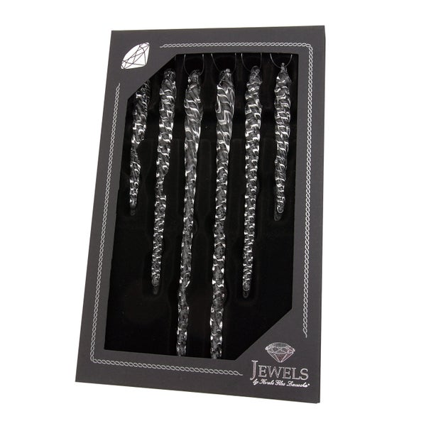 Set mit 6 gedrehten Eiszapfen aus Glas als Christbaumschmuck in einer Geschenkverpackung von Jewels by Krebs Glas Lauscha.