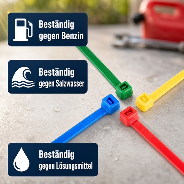Set aus vier farbigen Kabelbindern, beständig gegen Benzin, Salzwasser und Lösungsmittel
