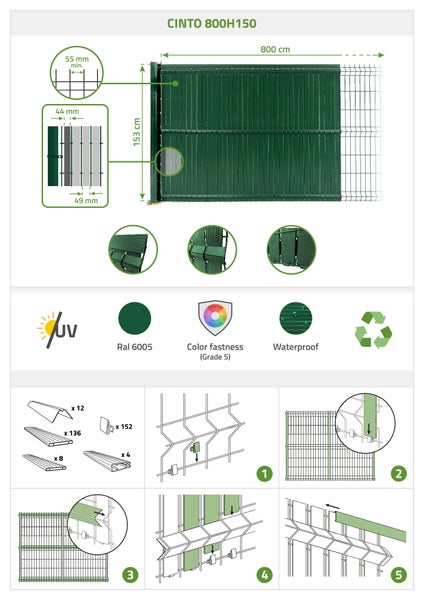 PVC-Sichtschutzlamellen-Set 8m CINTO H.150cm Grün