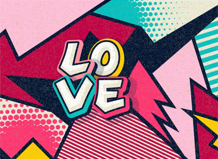 Wanddekoration im Pop-Art-Stil mit dem Schriftzug LOVE vor einem Hintergrund aus geometrischen Mustern, Punkten und Streifen.