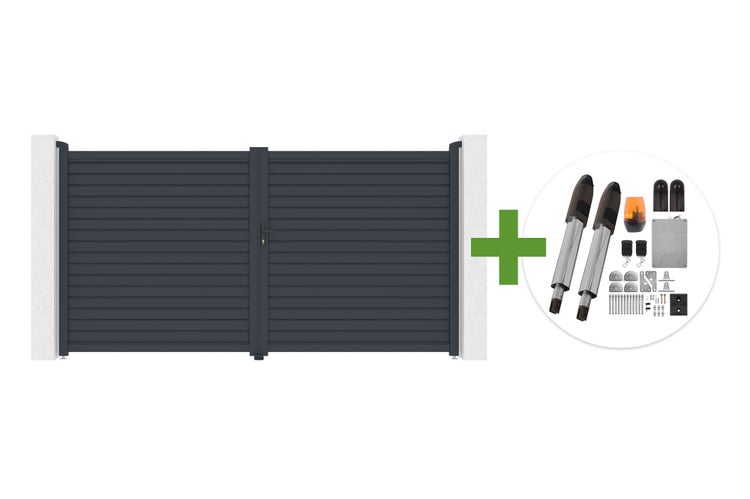 Zweiflügeliges Einfahrtstor aus Aluminium mit horizontalen Lamellen und elektrischem Torantrieb-Set inklusive Zubehör.