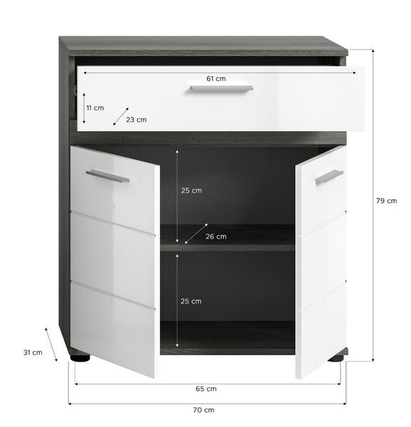 Unterschrank mit einer Schublade und zwei Türen, Maße 70 mal 79 mal 31 Zentimeter, Holzoptik mit Hochglanz Front.