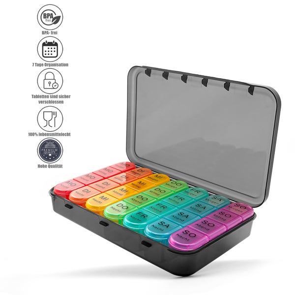 BigDean 2 Stück Tablettenbox 7 Tage luftdicht & lebensmittelecht – Medikamentenbox Morgens, Mittags, Abends & Nacht – im Regenbogen Design