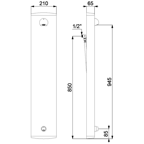 Technische Zeichnung eines Duschpaneels mit Maßen: Höhe 945 Millimeter, Breite 210 Millimeter und Tiefe 65 Millimeter.