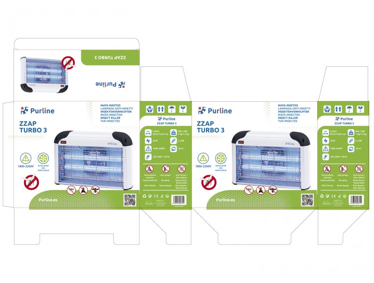 Purline Insektenvernichter ZZAP TURBO 3 auf Produktverpackung, 20 Watt Leistung, mit Ventilator, deckt circa 50 Quadratmeter ab. Purline Logo.