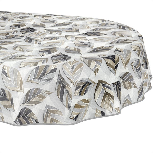 Runde Tischdecke aus Textil mit Blattmuster und eingefasstem Rand.