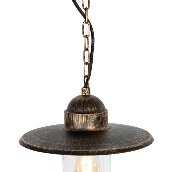 Außenpendelleuchte im Landhausstil aus Metall mit antikem Finish, Kettenaufhängung und klarem Glaszylinder.