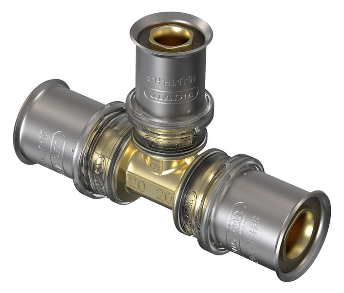 Wavin Press-T-Stück reduziert aus Messing für Mehrschichtverbundrohre, Abmessung 20 mal 16 mal 20 Millimeter.