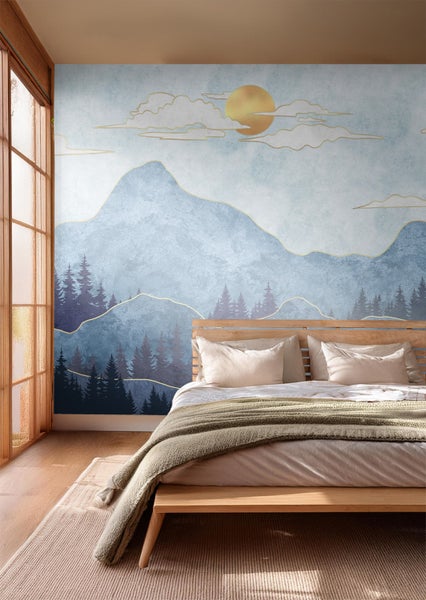 Schlafzimmer mit Wandbild von Bergen und Wald
