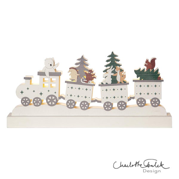 Dekorative Holzeisenbahn mit Tiermotiven und Baumfiguren