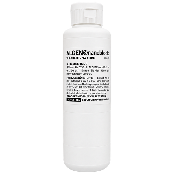 Flasche ALGENnanoblock von SCHUETTEC BESCHICHTUNGEN GMBH zur Algenbekämpfung im Unterwasserbereich
