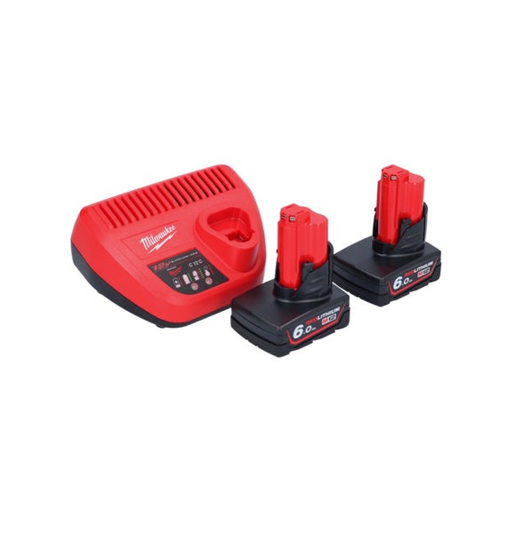 Milwaukee M12 Akku-Set bestehend aus einem Ladegerät und zwei 12 Volt Redlithium Akkus mit 6,0 Amperestunden.
