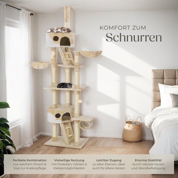 Kratzbaum tectake Hansi inklusive 2 Treppen, 2 Spielbällen, Deckenspanner und Kippschutz 243 bis 260 cm beige/weiß