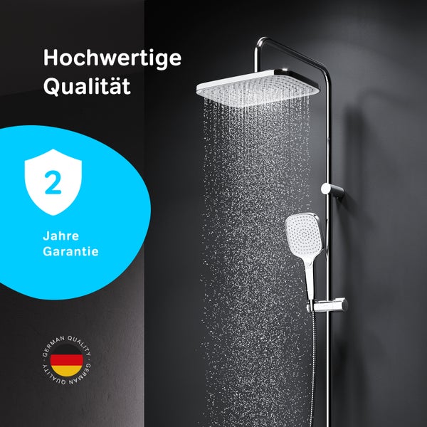 Duschsystem mit Kopf- und Handbrause sowie zwei Jahren Garantie und deutschem Qualitätssiegel.