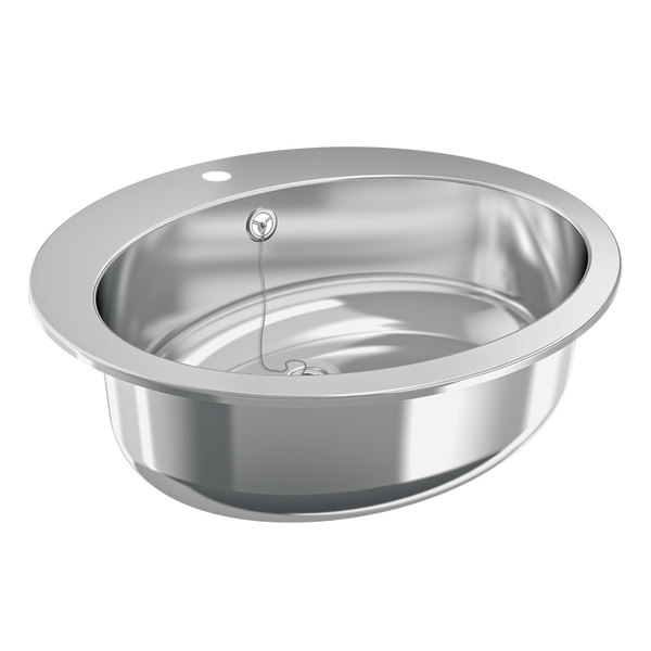 Ovales Einbauspülbecken aus Edelstahl mit Überlauf, Abflussstopfen an einer Kette und Hahnloch.