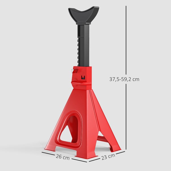 Unterstellbock aus Metall in Rot und Schwarz mit Maßen: Höhe 37,5 bis 59,2 Zentimeter, Breite 26 Zentimeter und Tiefe 23 Zentimeter.