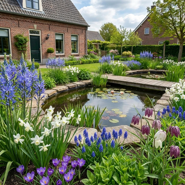Angelegter Garten mit Gartenteich, Natursteinumrandung und Holzsteg. Blühende Frühlingsblumen wie Krokusse, Narzissen und Traubenhyazinthen.