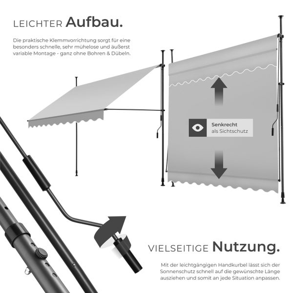 Klemmmarkise tectake  einfache Montage mit Handkurbel hellgrau