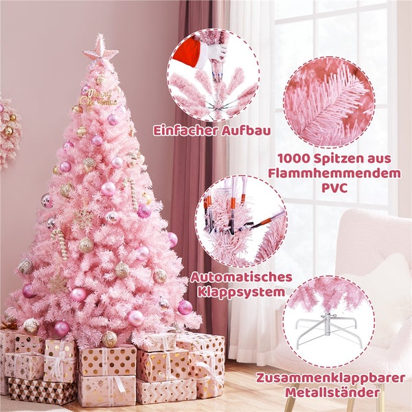Rosa Weihnachtsbaum mit Schmuck und Geschenkpaketen, der einen einfachen Aufbau, ein automatisches Klappsystem, 1000 Spitzen aus schwer entflammbarem PVC und einen zusammenklappbaren Metallständer bietet