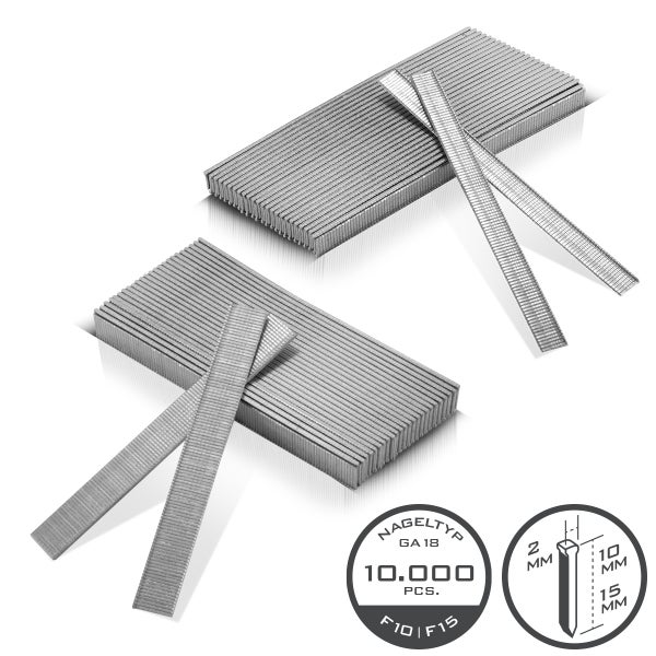10.000 Stauchkopfnägel Typ GA 18 aus Metall in den Längen 10 und 15 Millimeter.
