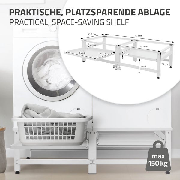 ML-Design Doppel Waschmaschinen-Untergestell mit 2 ausziehbaren Ablagen, Weiß, aus Stahl, bis 2x 150kg+10 kg, verstellbare Füße, Waschmaschinensockel 2-Fach, Doppeluntergestell Doppelpodest Erhöhung