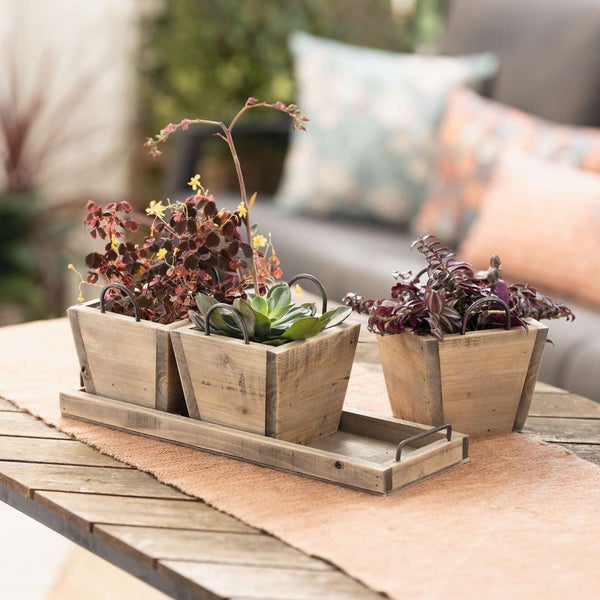 FRANK FLECHTWAREN | Holzpflanzer Recycling-Chic, Tablett 47 x 16 x 3 cm, Kasten 15,5 x 15,5 x 13 cm, HOLZ, FOLIE, METALL,