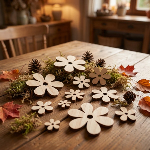 Dekorative Holzblumen in verschiedenen Groessen auf einem rustikalen Holztisch mit Moos, Kiefernzapfen und Herbstblaettern als Tischdekoration.
