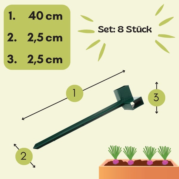 Darstellung eines Pflanzensteckers im 8er Set mit den Maßen 40 cm Länge und 2,5 cm Breite.