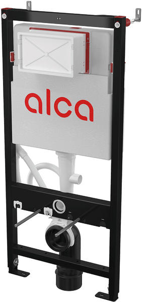 Alca Vorwandelement für Wand-WC mit integriertem Spülkasten und schwarzem Montagerahmen aus Metall. Alca Logo.
