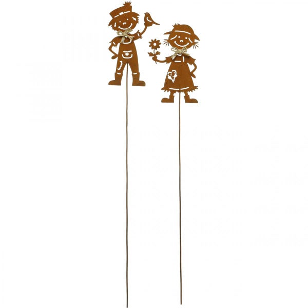 Zwei Gartenstecker mit Figuren eines Jungen mit Vogel und eines Mädchens mit Blume