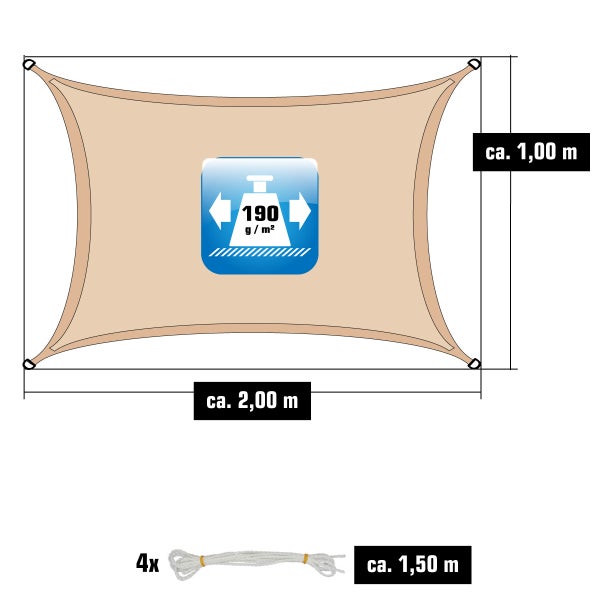 Sonnensegel, circa 2,00 mal 1,00 Meter, 190 Gramm pro Quadratmeter, inklusive 4 Seilen zu je circa 1,50 Meter Länge.