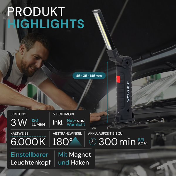 Akkubetriebene Arbeitsleuchte mit einstellbarem Leuchtenkopf, Magnet und Haken