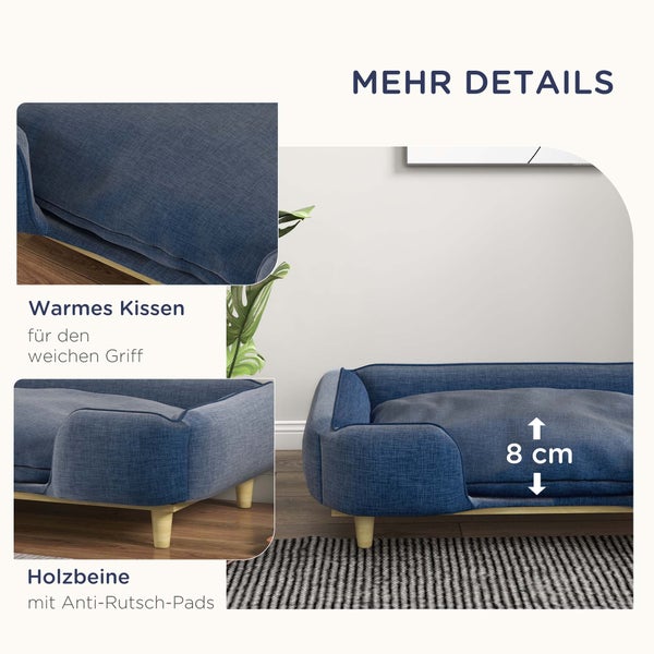 PawHut Hundesofa, Haustiersofa mit Kissen, Hundebett mit Erhöhtem Design, Katzensofa, Hundecouch, Hundesessel mit Holzbeine, Polyester, Dunkelblau, 96 x 66 x 24 cm