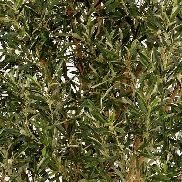 Nahaufnahme eines künstlichen Olivenbaums mit grünen Blättern, dunklen Früchten und braunen Ästen.