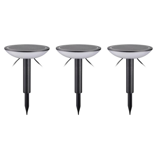 Drei moderne Solarleuchten für den Garten mit integriertem Solarpanel und Erdspieß.