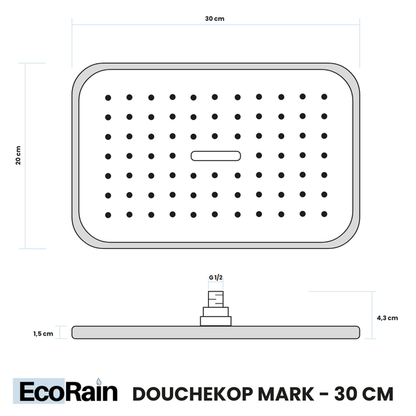 EcoRain 30% Wassersparender Regenduschkopf Mark 30 CM Rechteckig - Hoher Wasserdruck - Universeller Anschluss - Anti-Kalk Duschkopf - Chrom