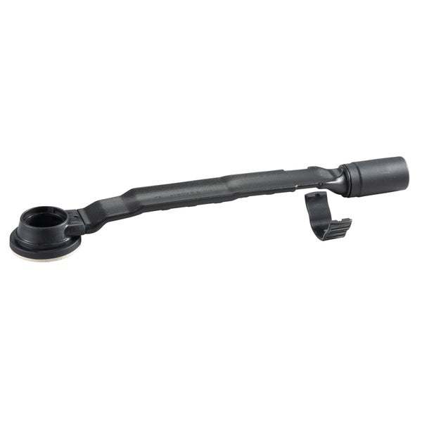 Schwarzes Überlaufrohr aus Kunststoff für Ablaufgarnituren mit Anschlussdichtung und Halteclip.